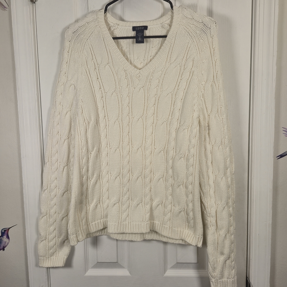 Vintage IZOD Cream Cable Knit V-Neck Sweater 100% Cotton Preppy Old Money M